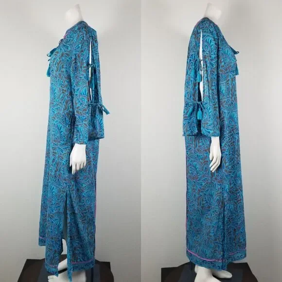 Cleobella Blue Bria Zuri Block Print Kaftan Midi Dress No Belt Size XS *Damaged - Picture 2 of 16